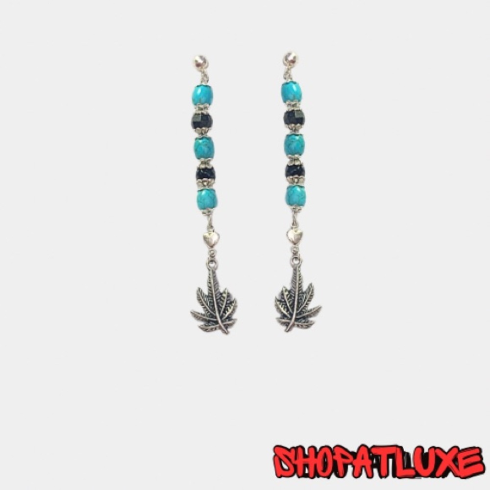 Elegant Turquoise Beaded Weed Leef Earrings